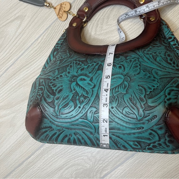 Artesanal Hand Tooled & Painted Vegan Leather Handbag Clutch Brown Turquoise - Picture 12 of 15
